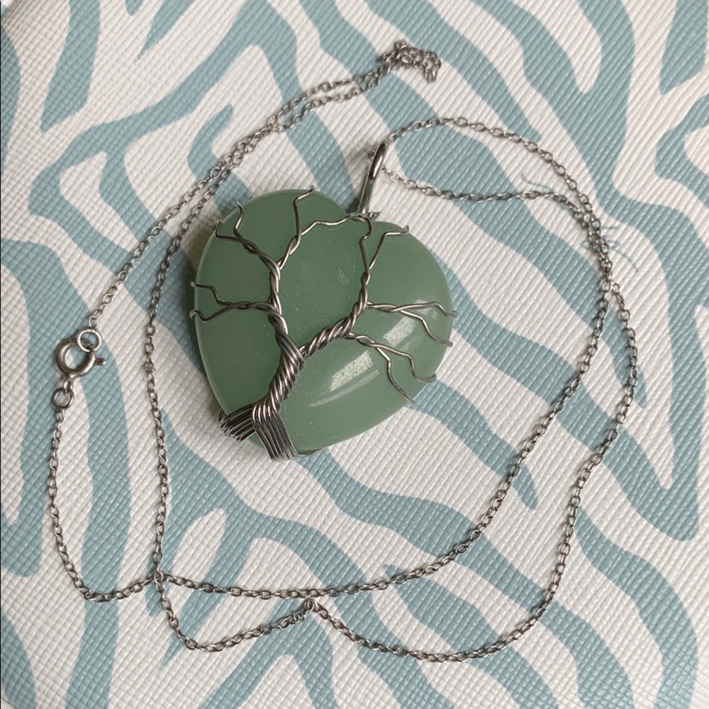 Silver Tree of Life heart shaped Green Adventurine Necklace